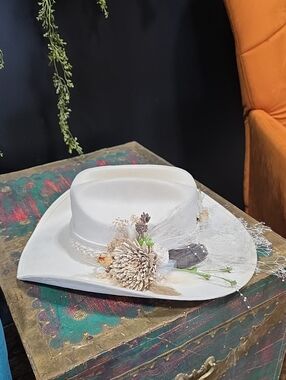 OOAK Cream Western Cowboy Hat with Braided Crown and Floral Accent